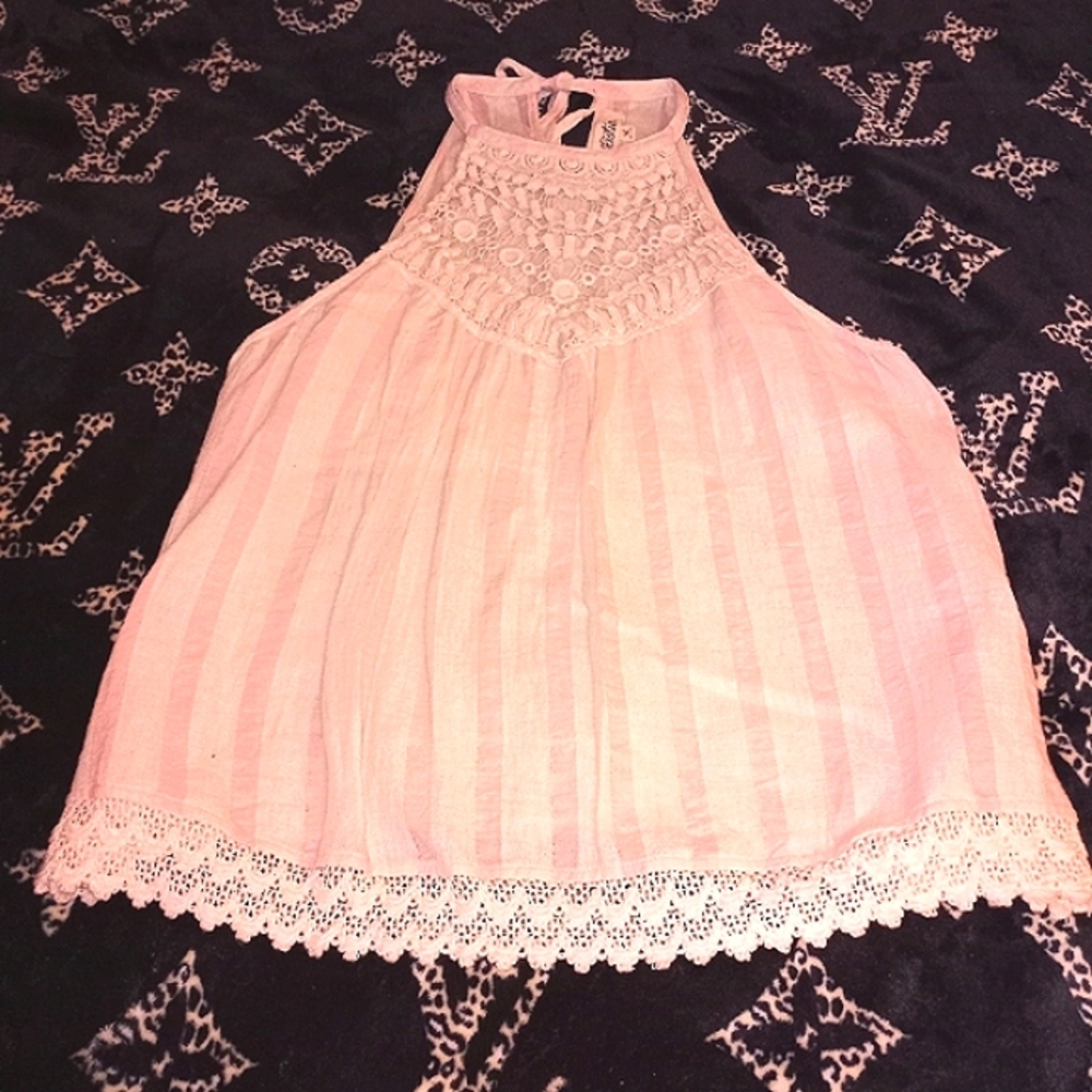 Large Listicle Baby Pink & White Striped Tank Top With Lace Deatailing